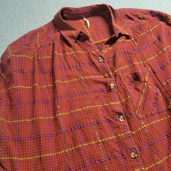 Free People Break My Stride Semi Sheer Button Down Top Sherry Combo Red Medium - Picture 3 of 9